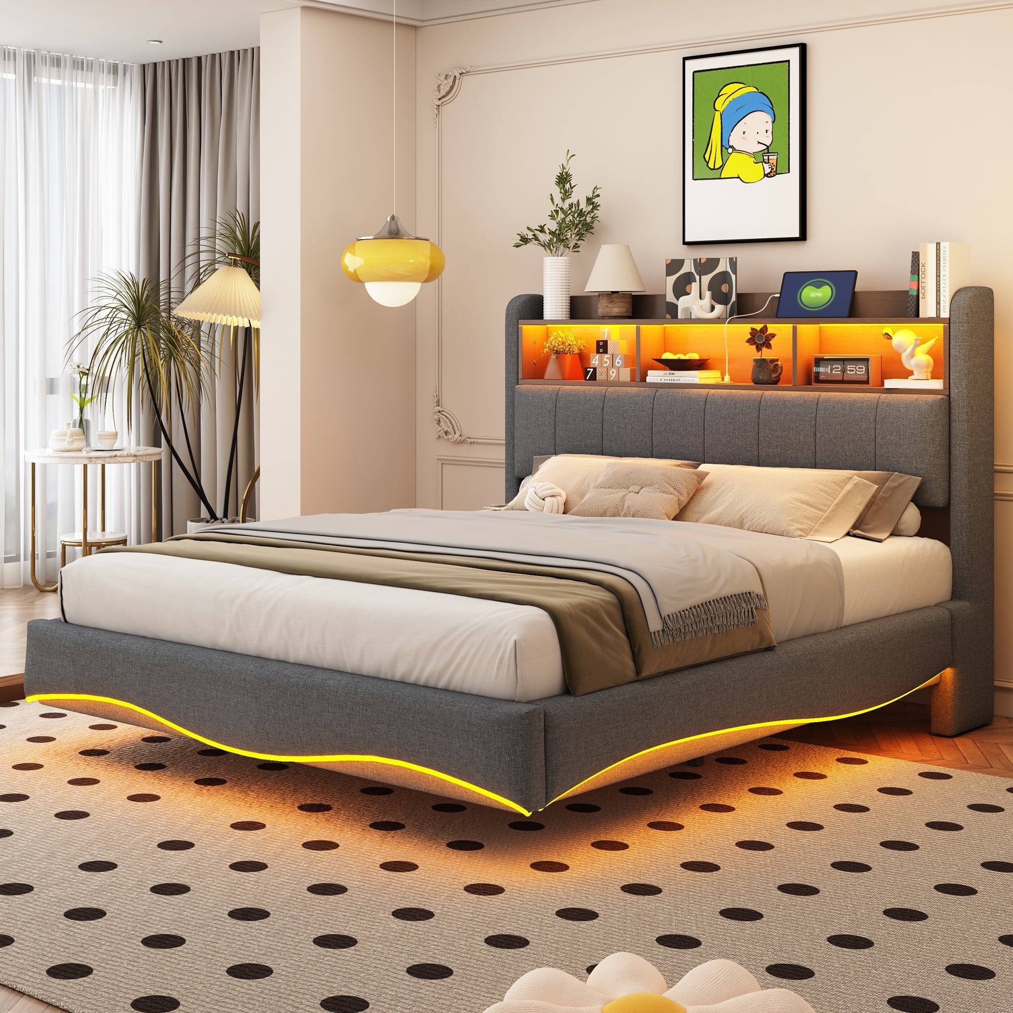 Upholstered Bed, 140*200, LED Light, USB/Type-C, Linen Fabric Gray