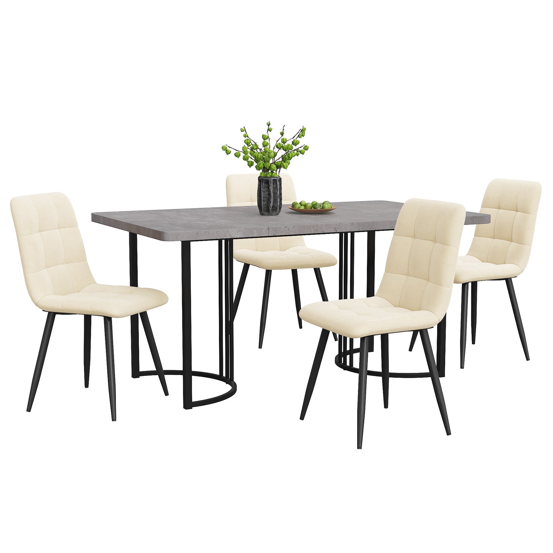 5-Piece Dining Set 140x80cm Table 4 Chairs Grey MDF Beige Velvet