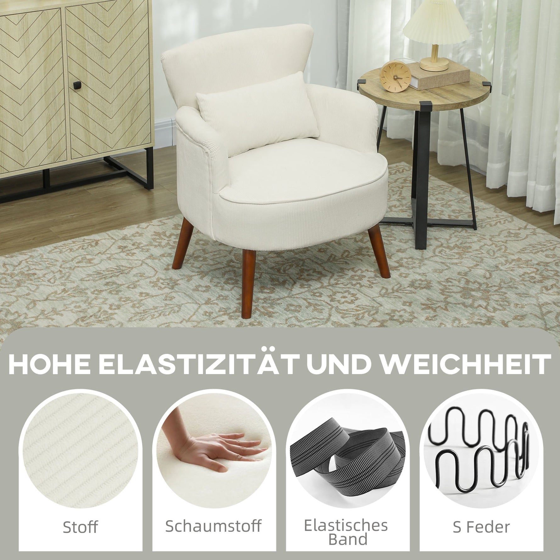 Armchair Lounge Chair Corduroy Look, Cream White