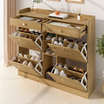 Shoe Cabinet with 4 Hinged Doors, 2 Drawers and 3 Open Compartments, 110x26x100cm, Wood Color