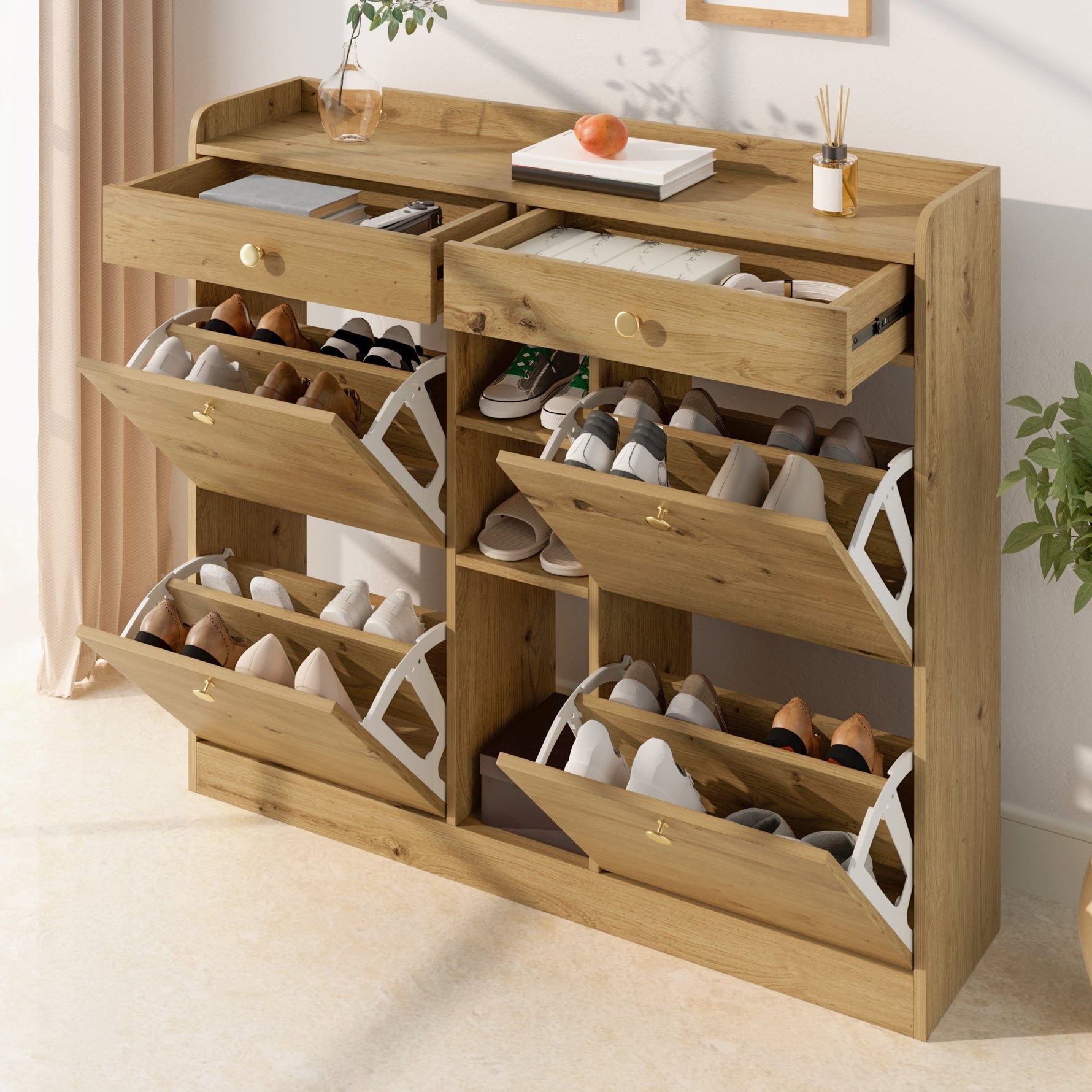 Shoe Cabinet with 4 Hinged Doors, 2 Drawers and 3 Open Compartments, 110x26x100cm, Wood Color