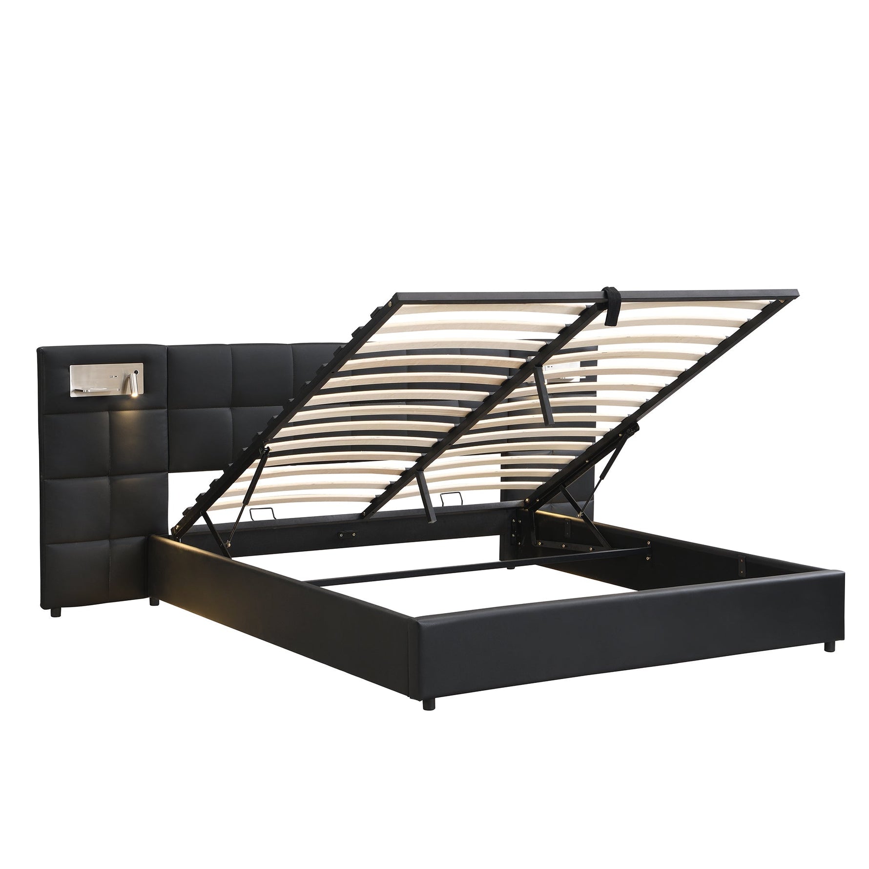 Upholstered Bed 180x200cm Hydraulic Storage USB/Wireless Charging LED Lamp - PU Black