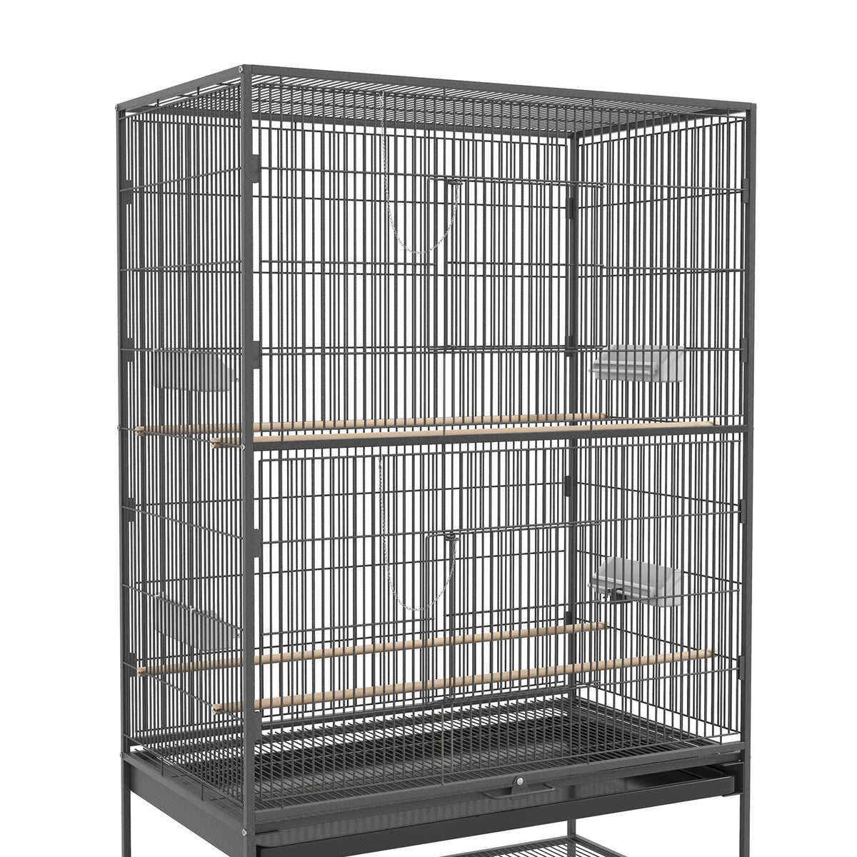 Bird Cage Aviary, Perches, Shelf, Doors, Wheels, Grey