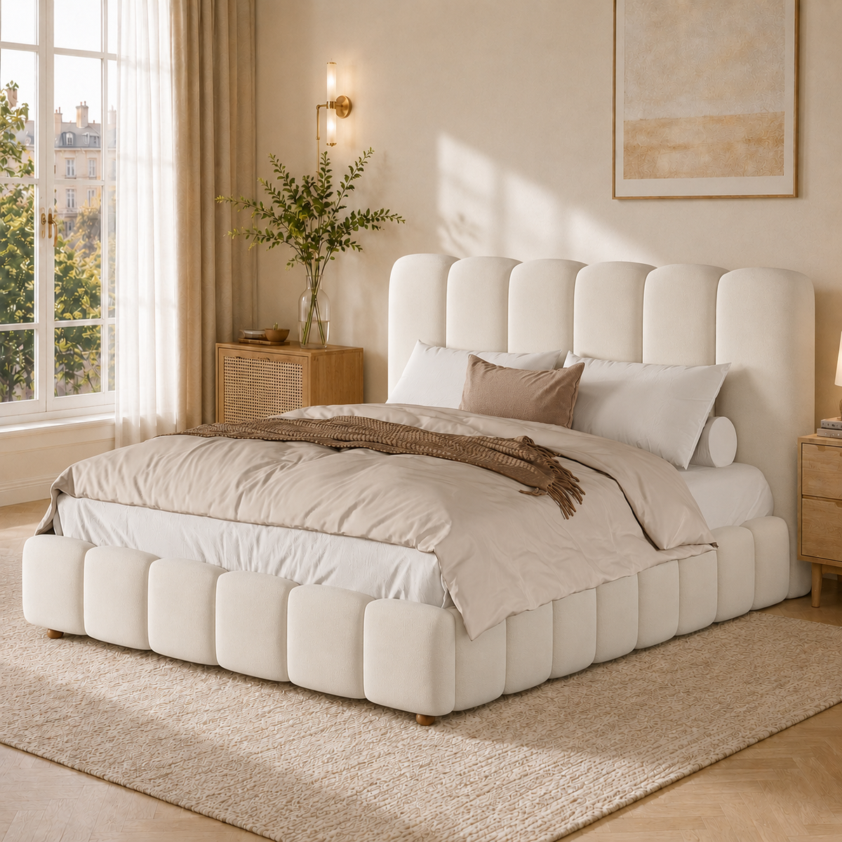 Upholstered Hydraulic Bed 140x190cm with Storage, Beige Velvet