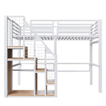 Loft Bed with Safety Ladder and Storage Area, 90x200cm, White Iron Frame