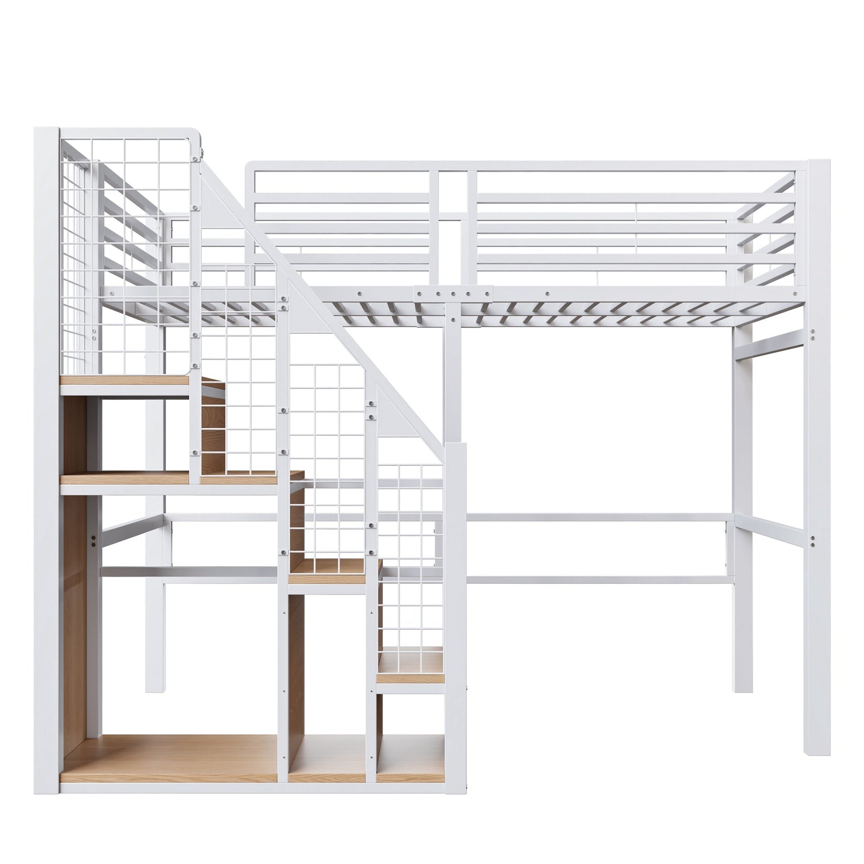 Loft Bed with Safety Ladder and Storage Area, 90x200cm, White Iron Frame