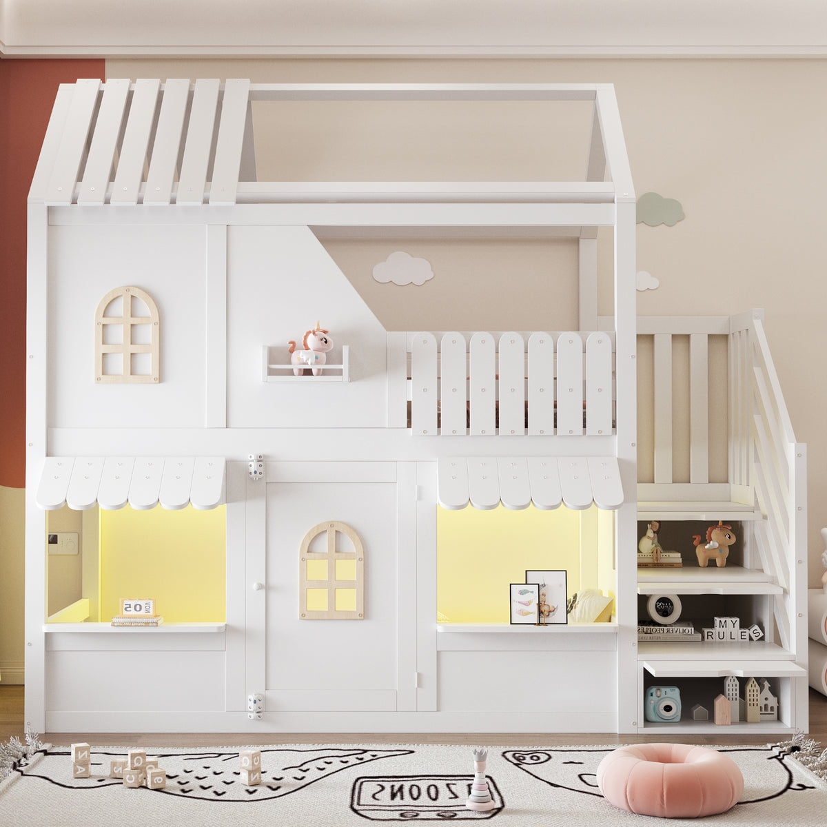 Children's House Bunk Bed 90x200cm with Storage Ladder & LED, White