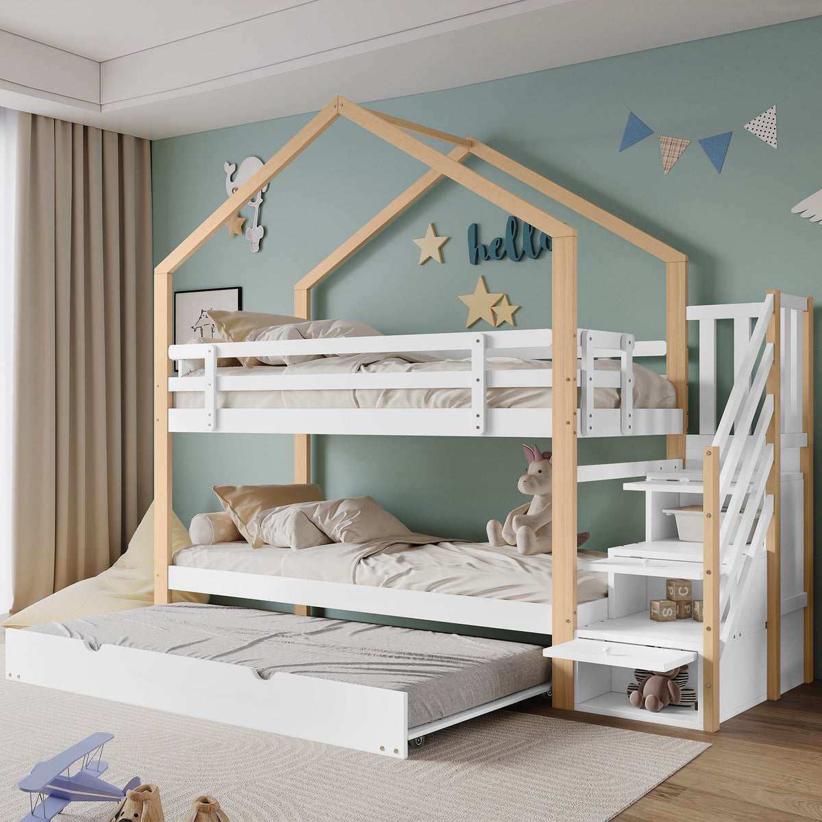 Bunk Bed, Pull-Out Treehouse with Sliding Bed & 3-Drawer Stairs, Natural + White