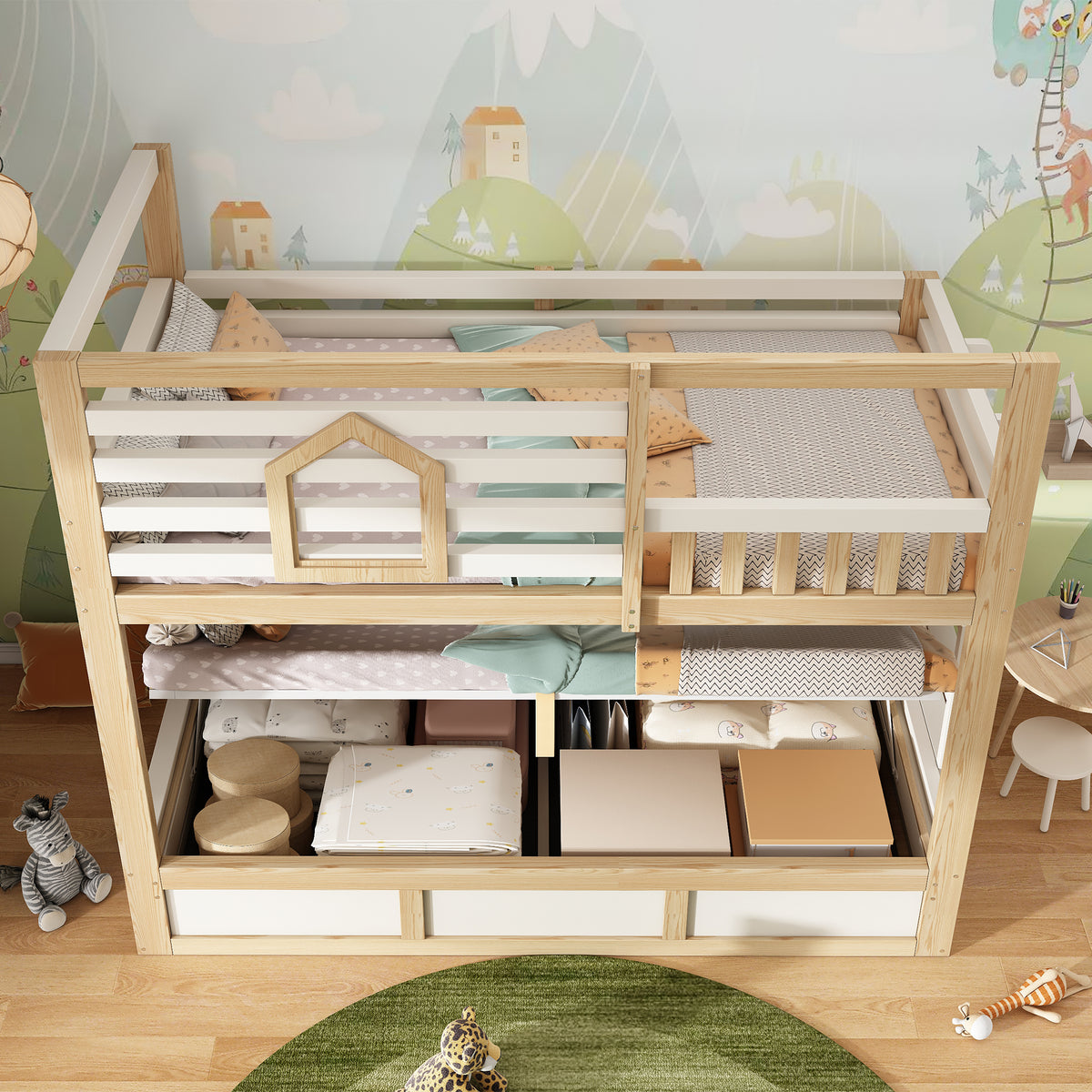 Children's Bunk Bed 90x200cm Cabin Storage, White & Natural Wood