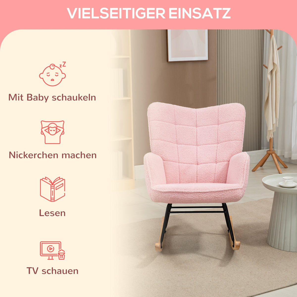Rocking Chair Recliner Accent Max Load 120 kg Faux Lambskin Pink