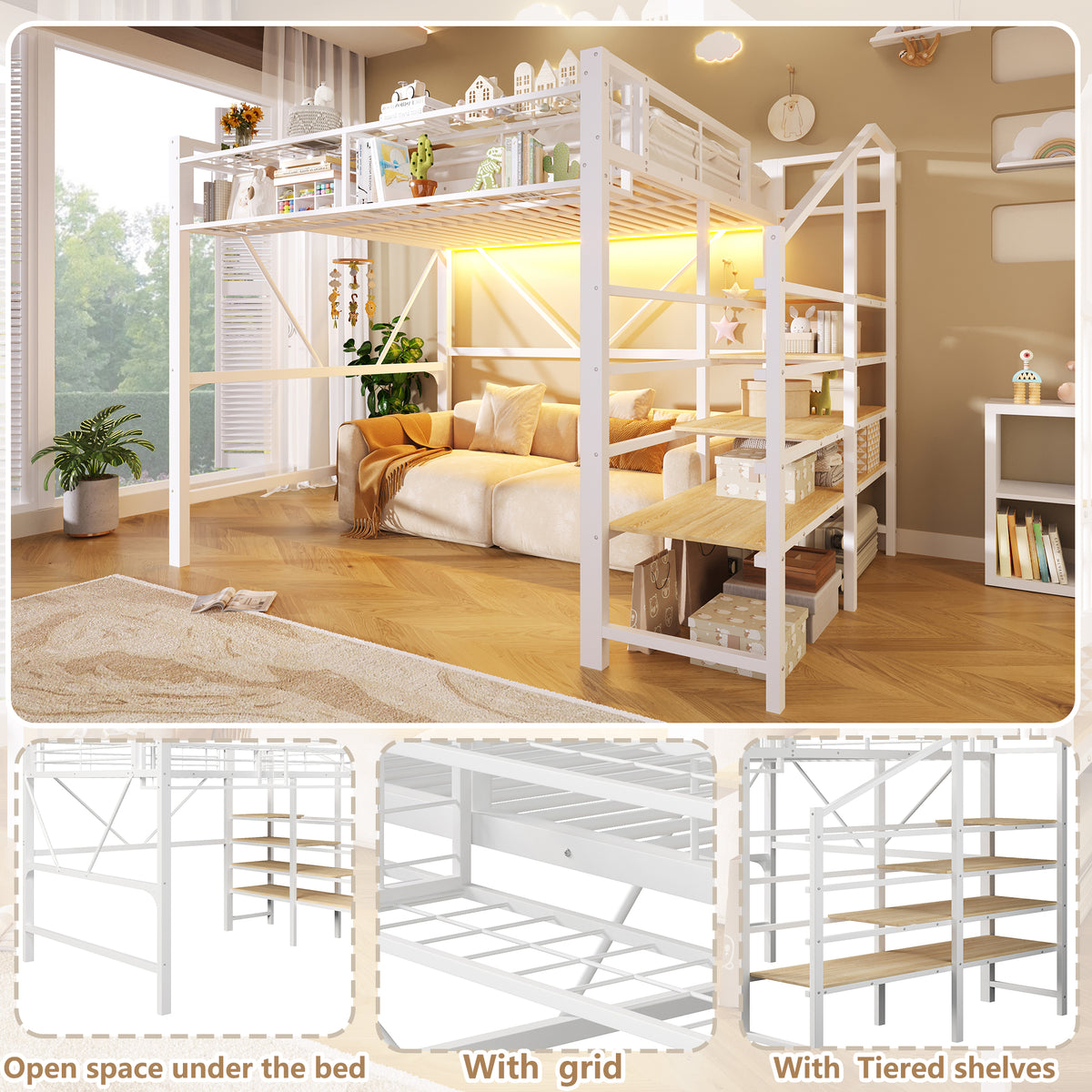 Loft Bed 140x200cm with LED Lights & Storage - White Metal