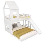 Bunk Bed, Slide House Bed with Safety Gate & Ladder, Pine + MDF, White