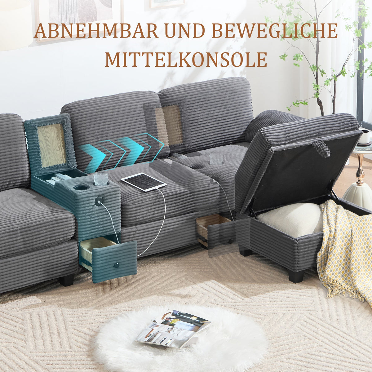 Sofa - Comfort Foam, Removable Console, USB-C, Storage Ottoman - Corduroy