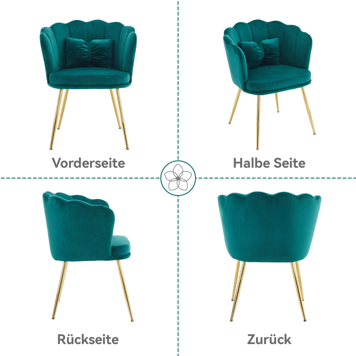 Velvet Chairs, Set of 2 Modern Upholstered with Petal Back & Butterfly Cushion, Gold Metal Legs