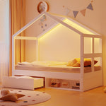 Wooden Bed with Drawers, Shoe Cabinet and LED Lighting, 90x190cm, White Wood
