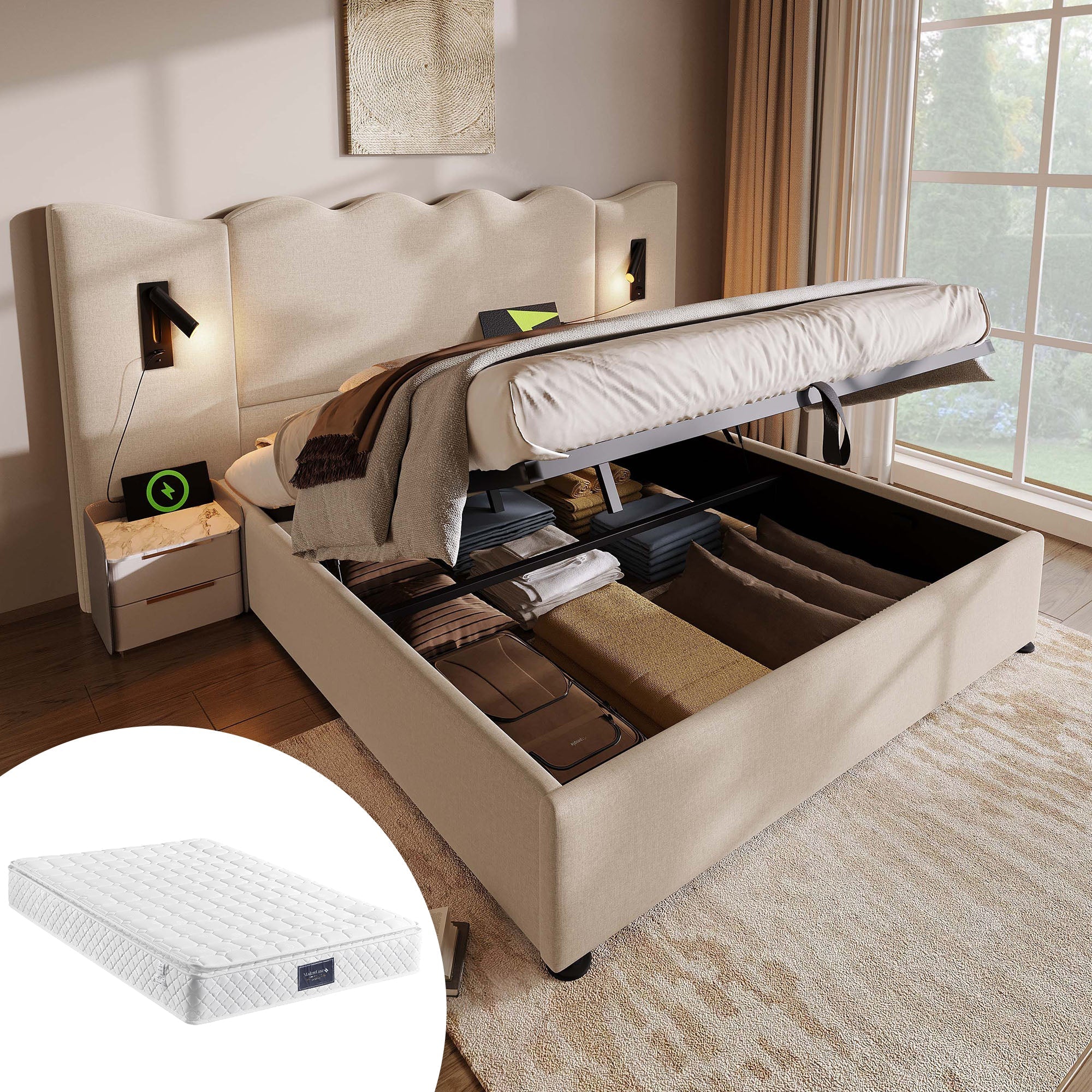 Upholstered Double Bed, 160x200, Reading Lamp & USB-C, Storage, Beige Linen