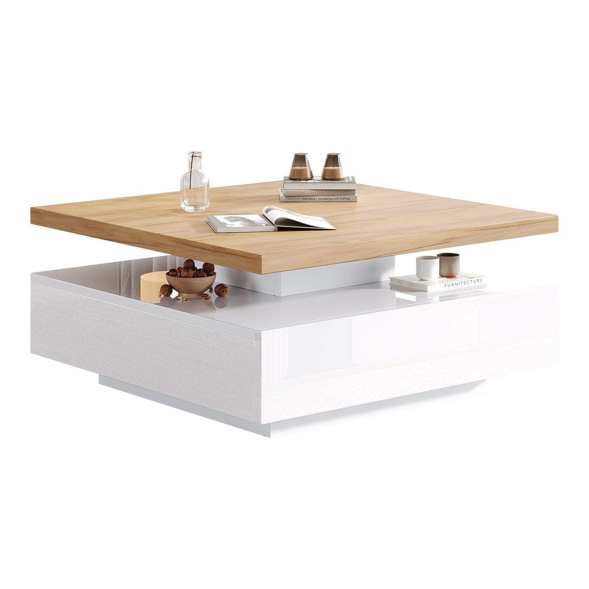 Multifunctional Swivel Coffee Table with Storage, White and Walnut