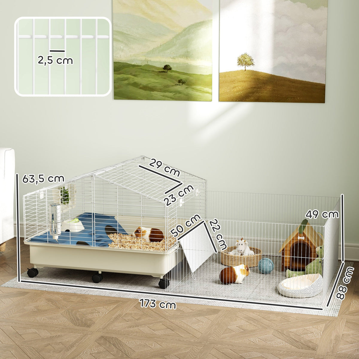 Small Animal Cage with Playpen, Rabbit Hutch and Wheels, White