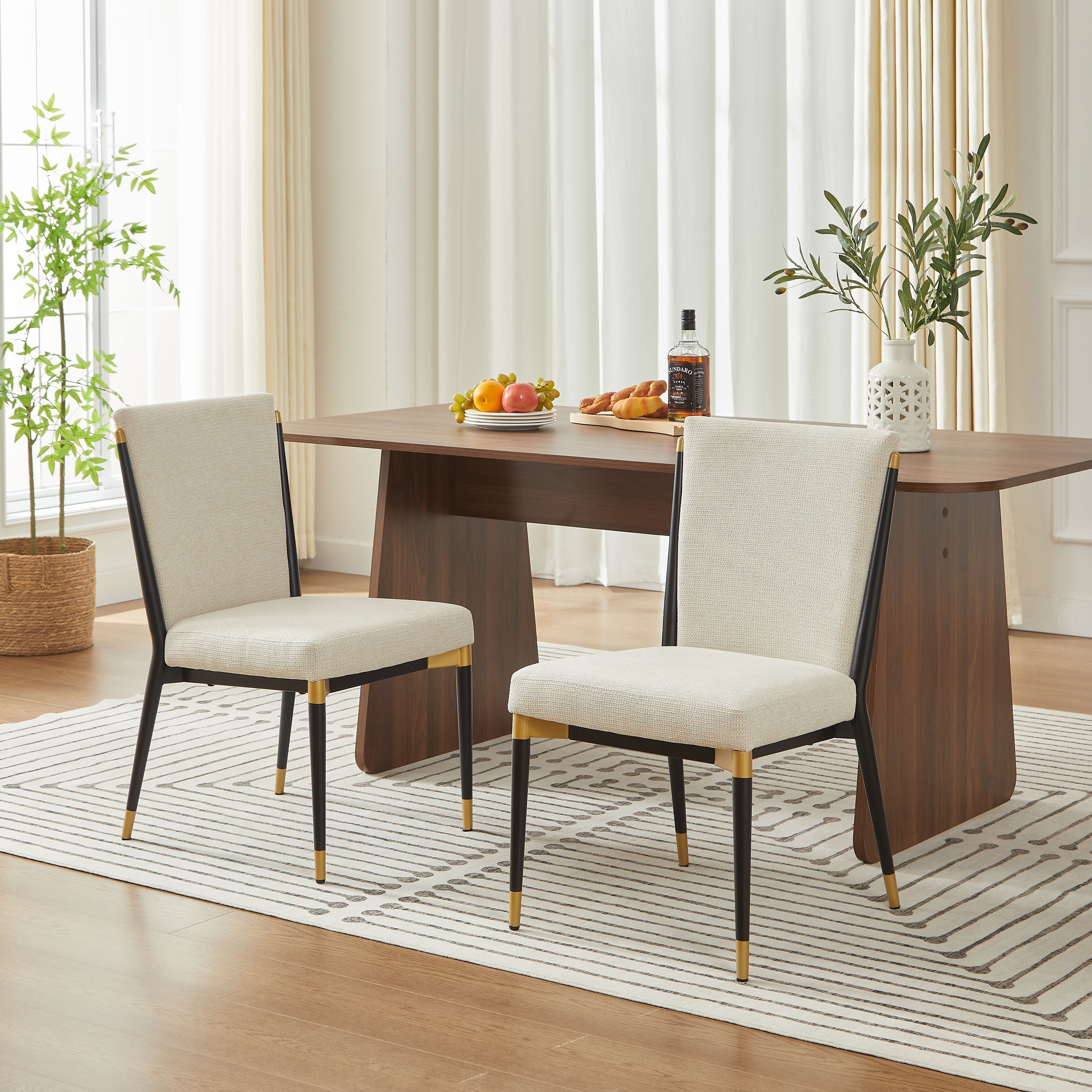 Set of 2 Dining Chairs Scandinavian Style Black/Gold Legs - Cream Fabric