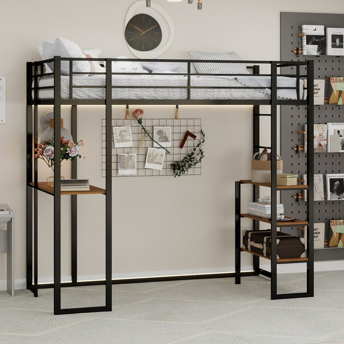 Iron Frame Bed, L-Shaped Desk, Railing & Reversible Stairs, Metal