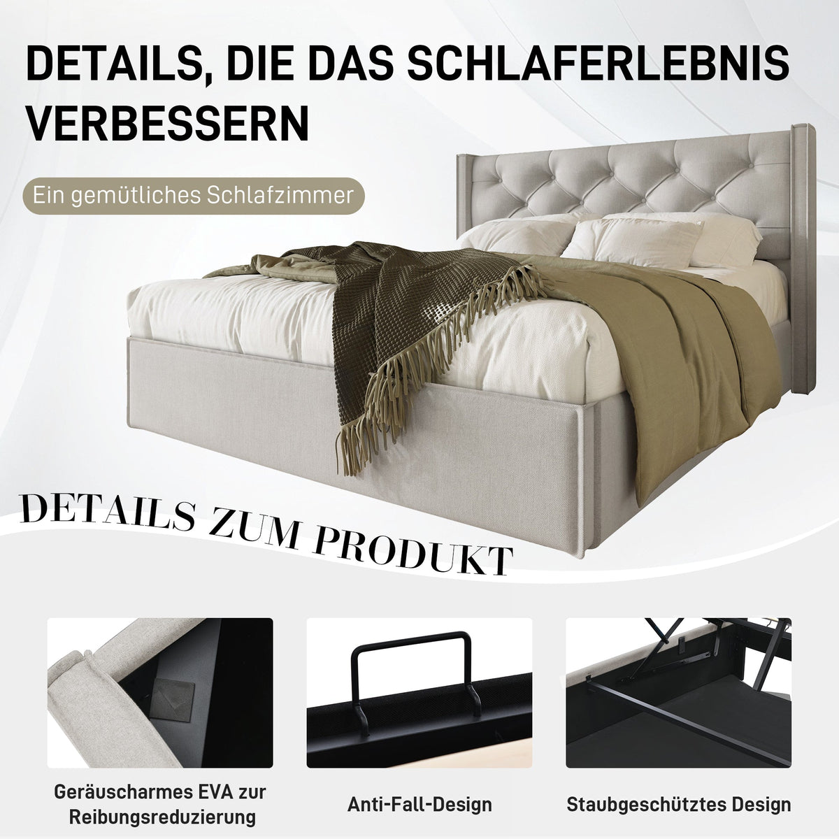Hydraulic Double Upholstered Bed, 140x200cm with Metal Frame & Storage, Cotton Light Grey