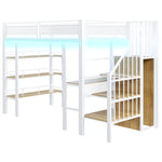 Loft Bed with LED Light Strip, Desk and Storage Shelves, White Metal