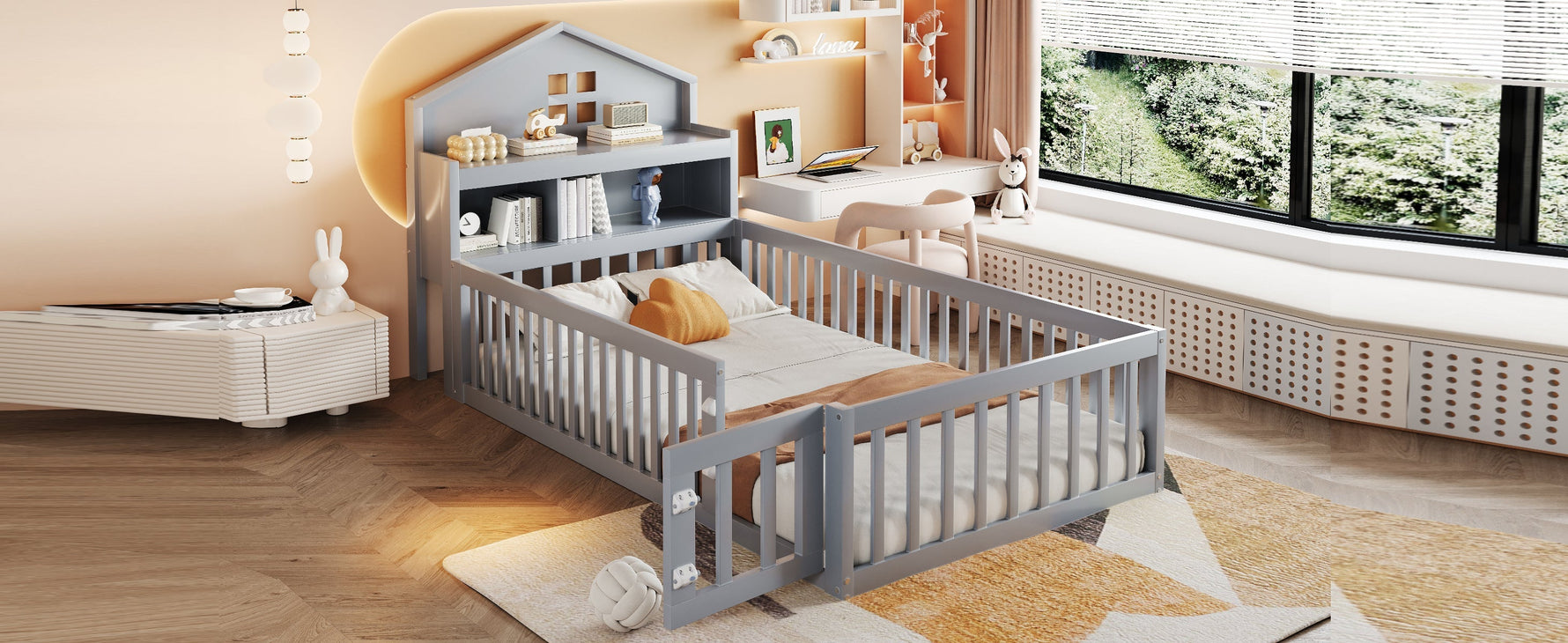 Children's Bed 90 x 200, Solid Wood Frame with Shelves, Storage, Safety Gate & Picture Rail, Grey