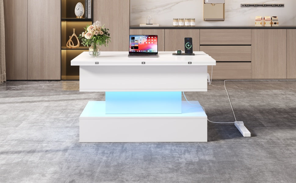 Coffee Table 100x50x51.5cm Lift-Top LED USB Power Outlet Storage, White