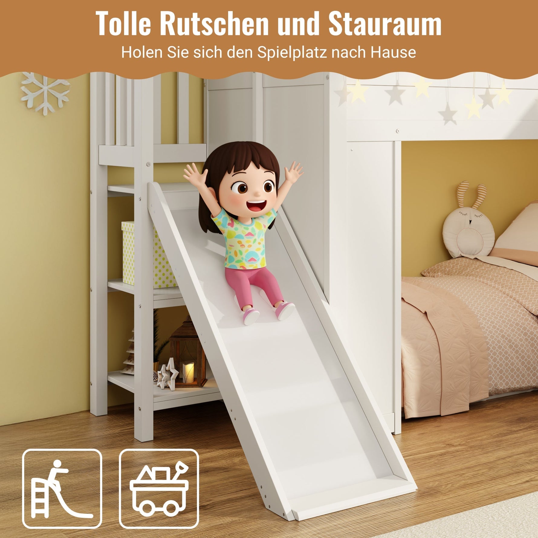 Bunk Bed with Slide, Storage Stairs and LED Light Strip, White Solid Wood