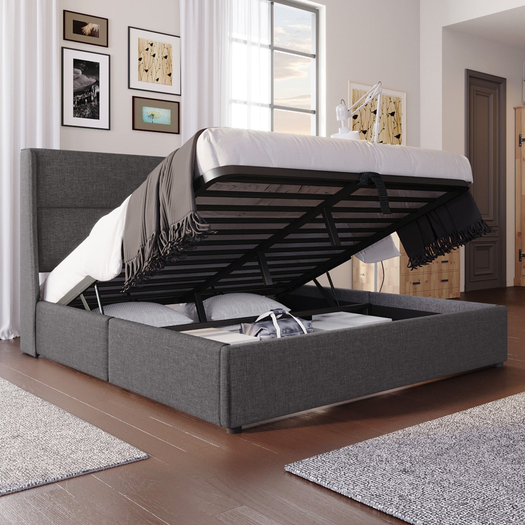 Upholstered Double Bed 180x200cm Hydraulic Storage Adjustable Headrest Linen Grey