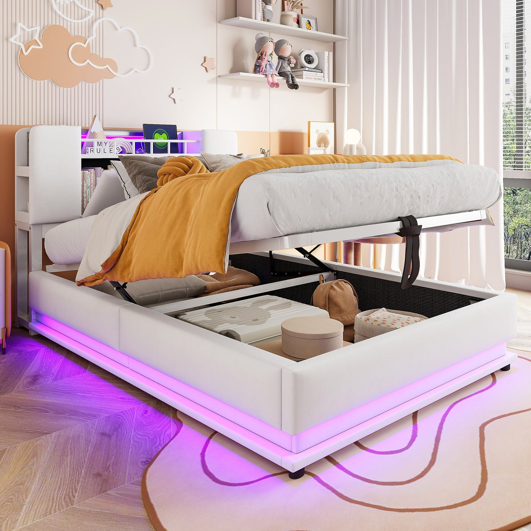 Smart Upholstered Bed with LED, USB and Hydraulic Storage, Beige Velvet