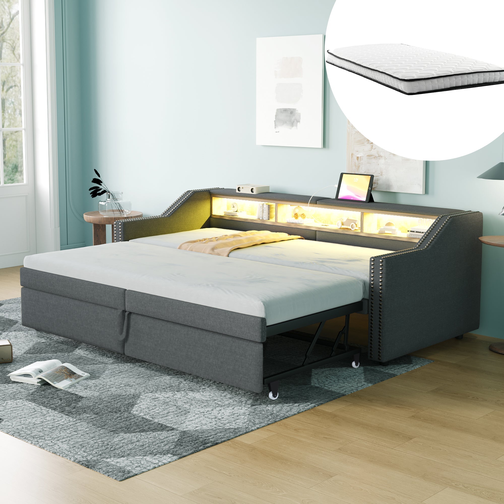 Upholstered Sofa Bed 90/180x200cm Extendable Storage LED USB - Dark Grey