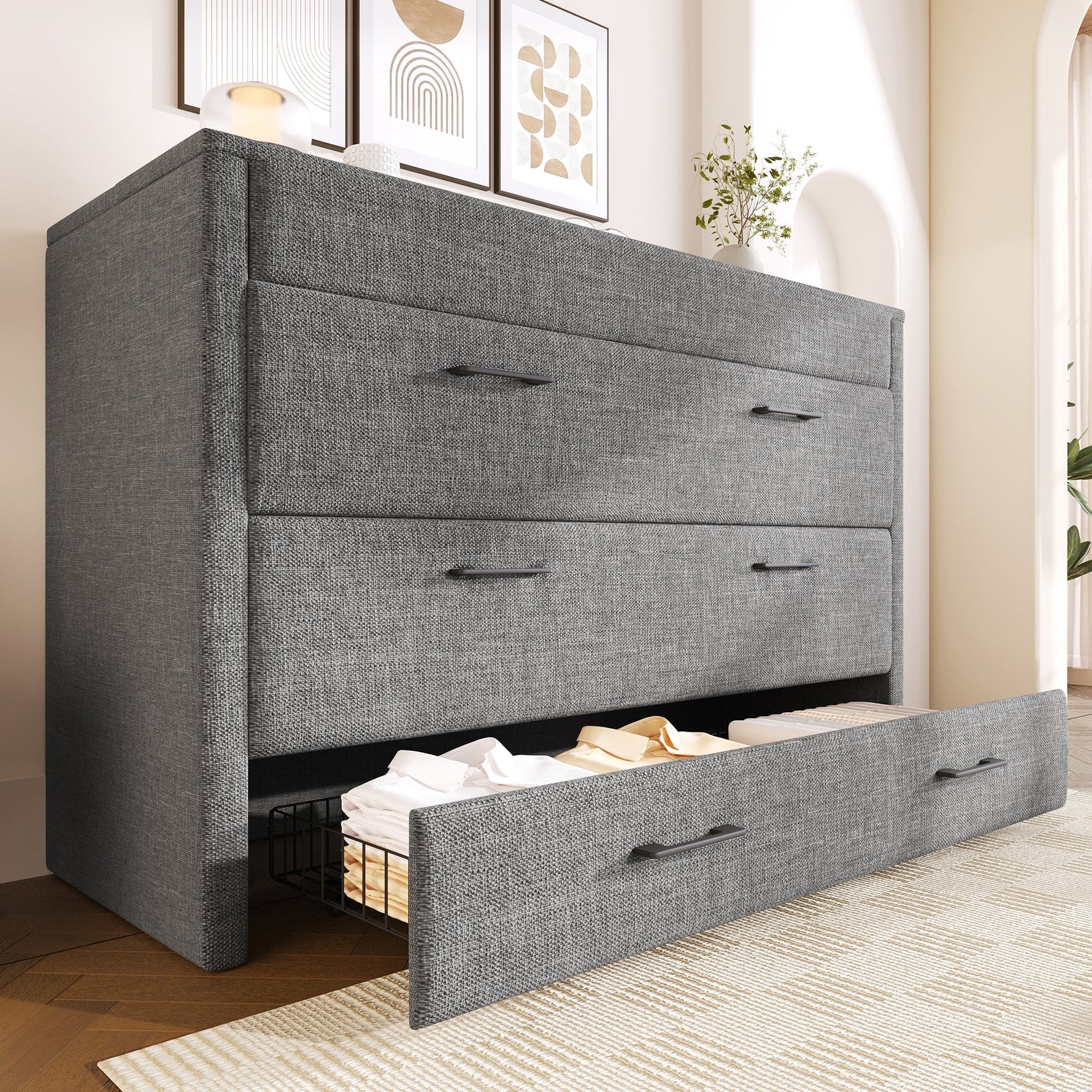 Mobile Murphy Bed with Storage and USB Ports, 140 x 200 cm, Grey Linen