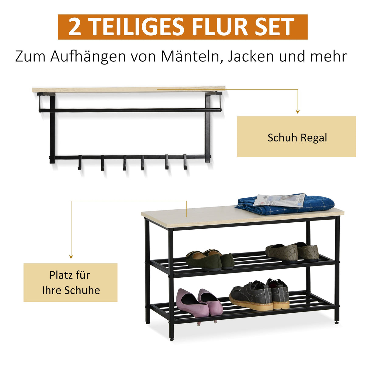 Hallway Wardrobe Set, 2-in-1, Bench & Coat Rack, 6 Hooks, Natural + Black