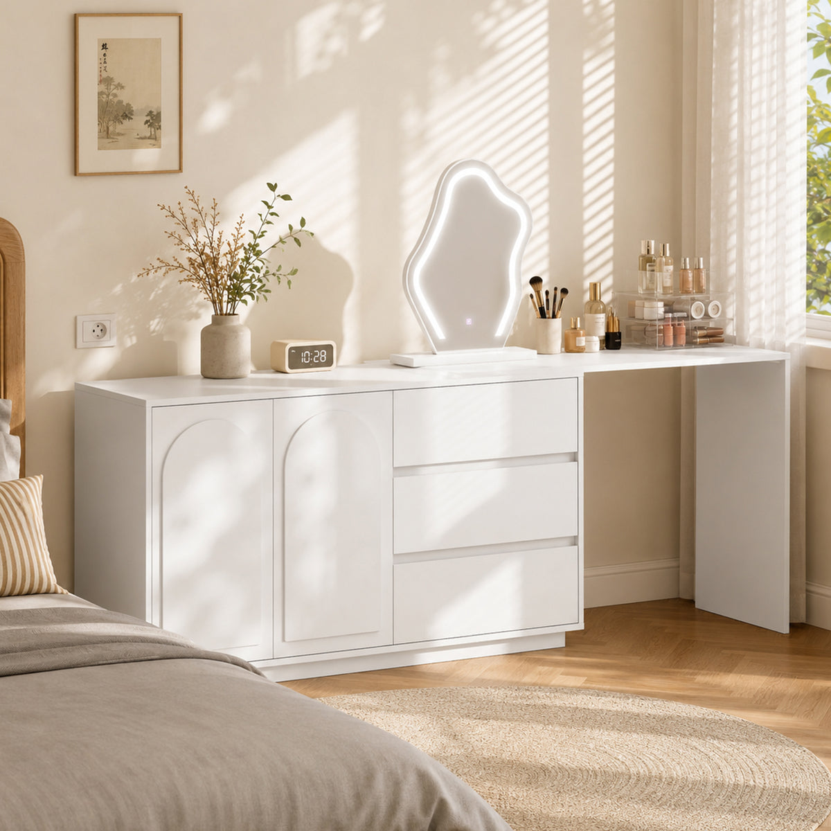 Dressing Table with LED Mirror & Extendable Tabletop, White