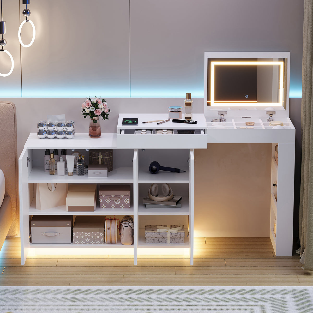 L-Shaped Rotating Vanity Table with LED Lighting, High-Gloss White