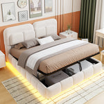 Upholstered Double Bed 140x200 Light Strip Storage Beige Velvet