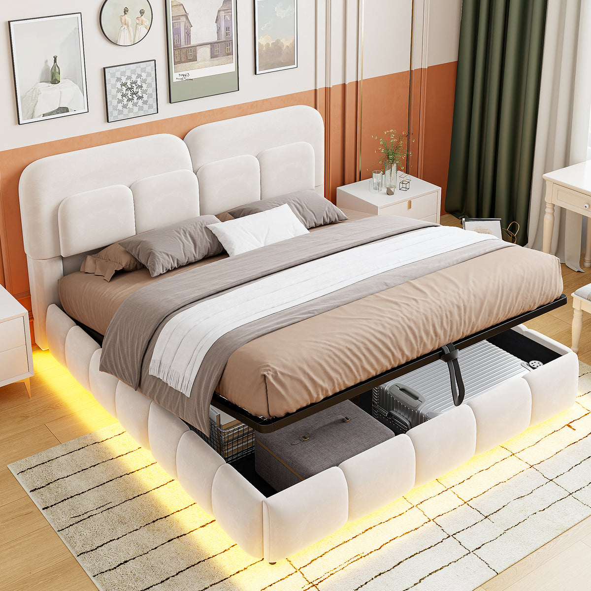 Upholstered Double Bed 140x200 Light Strip Storage Beige Velvet