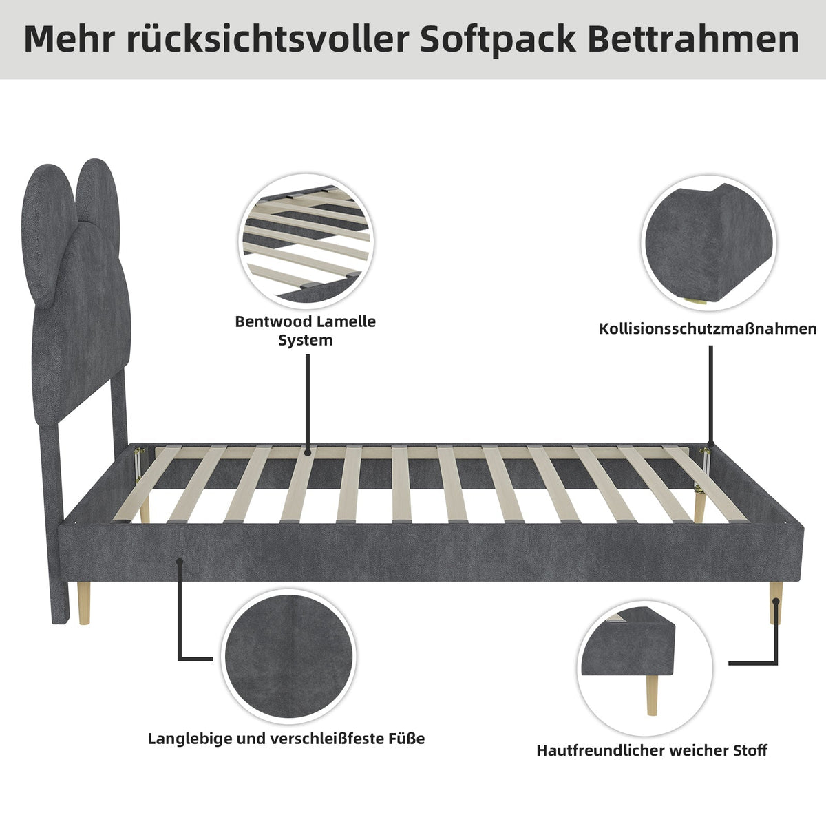 Bed, Upholstered with Cartoon Headboard, Low-Profile Non-Storage, Grey