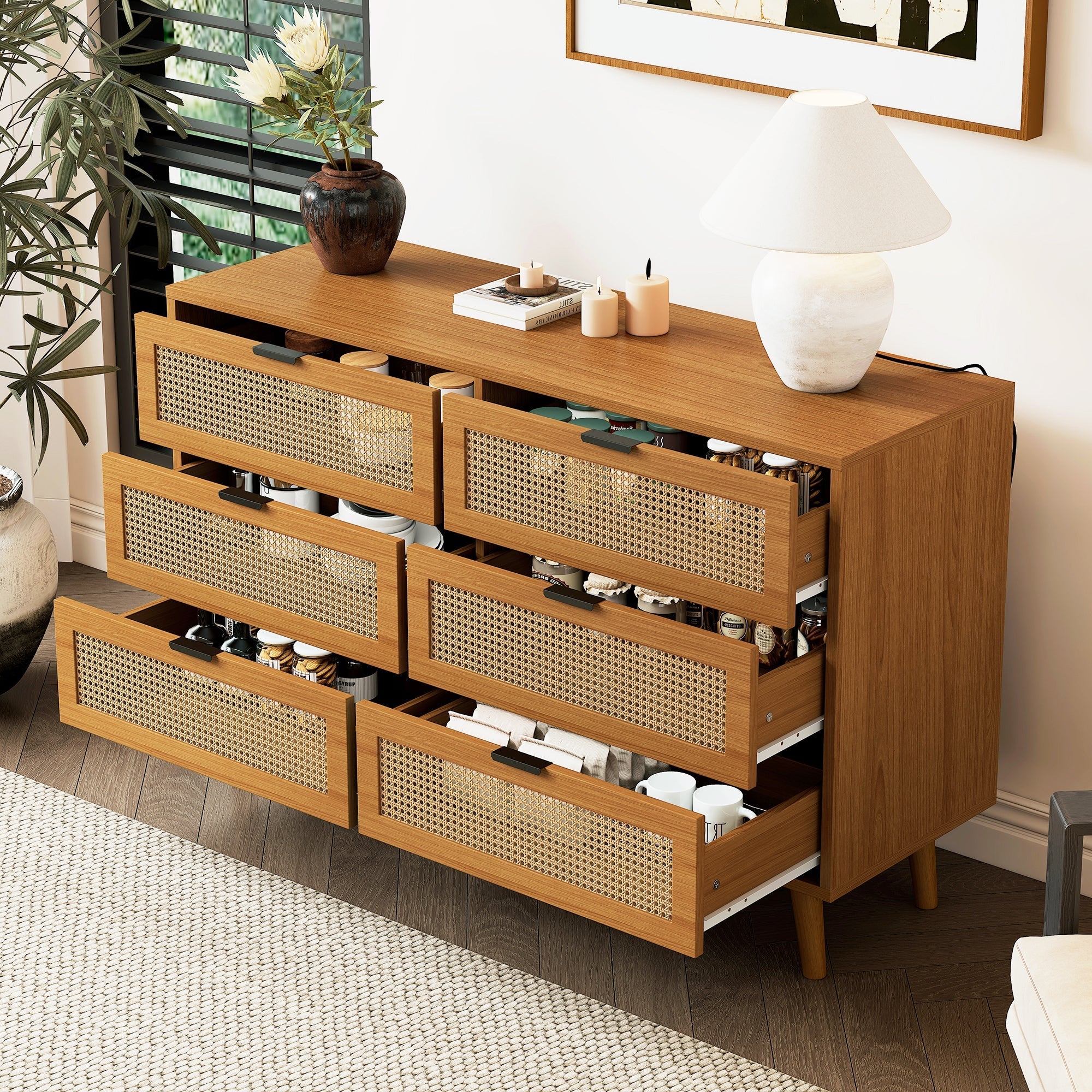 Chest of drawers 6 drawers with metal handles made of wood