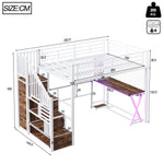 Loft Bed 140x200cm with Desk, Wardrobe & LED Lights, White