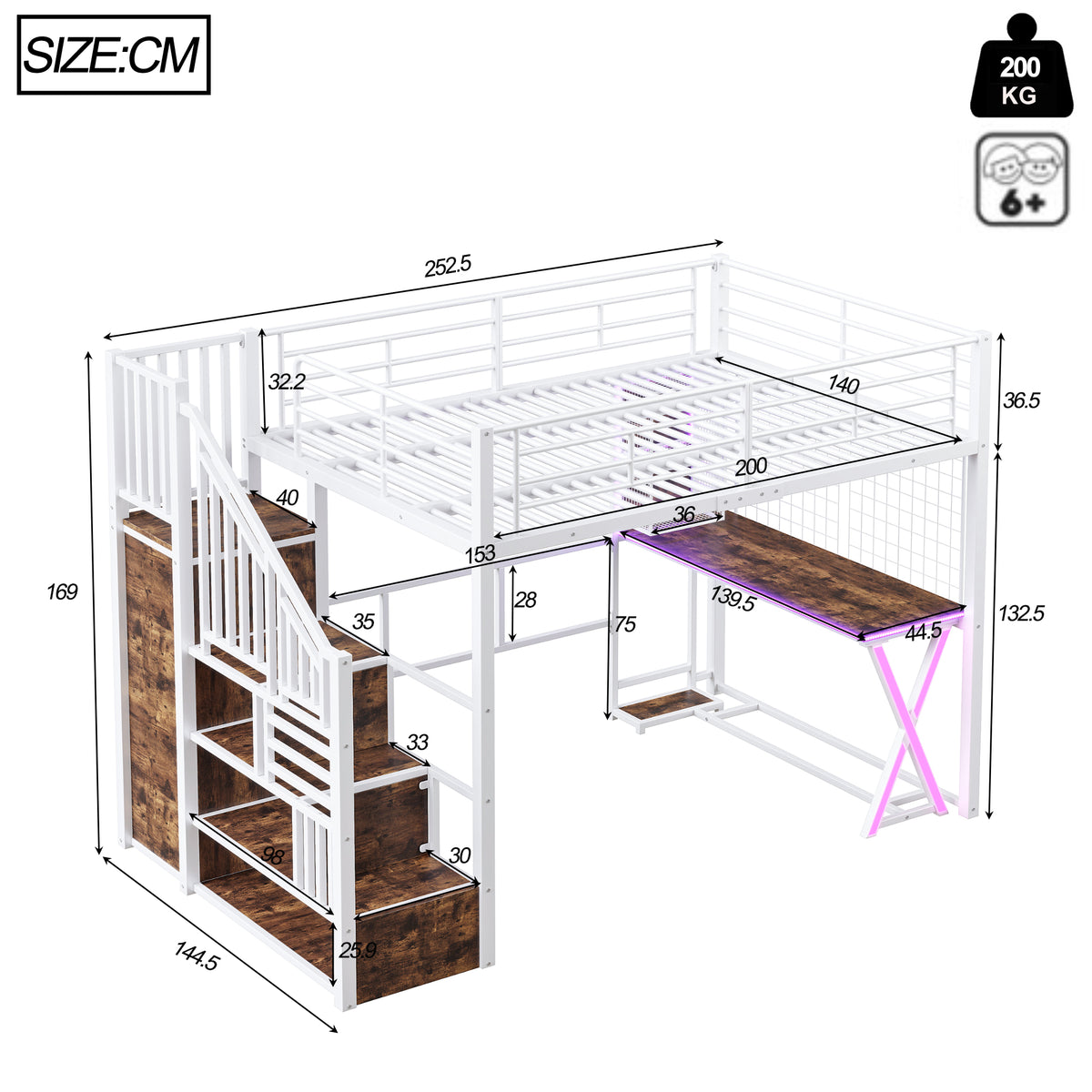 Loft Bed 140x200cm with Desk, Wardrobe & LED Lights, White