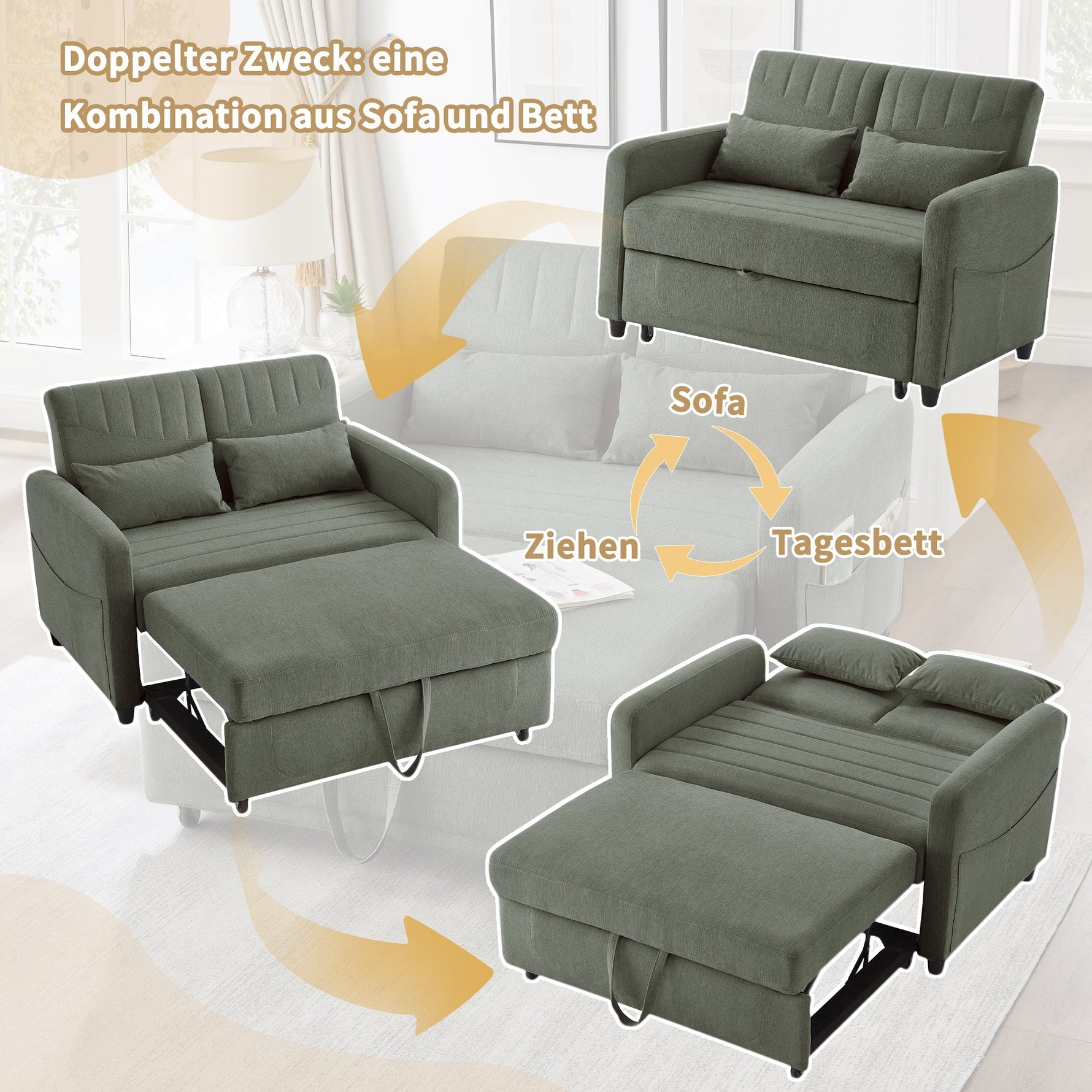 Sofa Bed Two-seater Extendable 3-Position Adjustable Backrest - Cotton-Linen Fabric