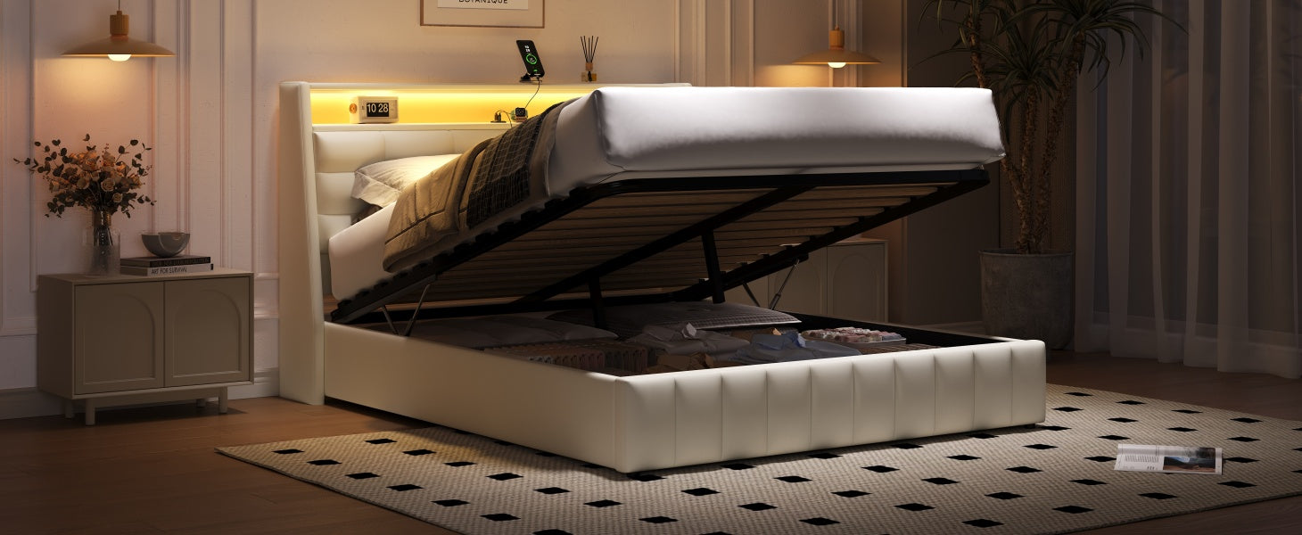 Upholstered Platform Bed 160x200 LED USB Storage Adjustable Headboard - White