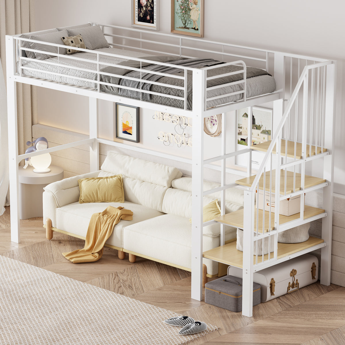 Loft Bed 90x200 cm with Storage Space & Stairs, Metal