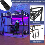 Loft Bed 140x200cm Desk Console Shelf LED USB/Power Stairs - Black