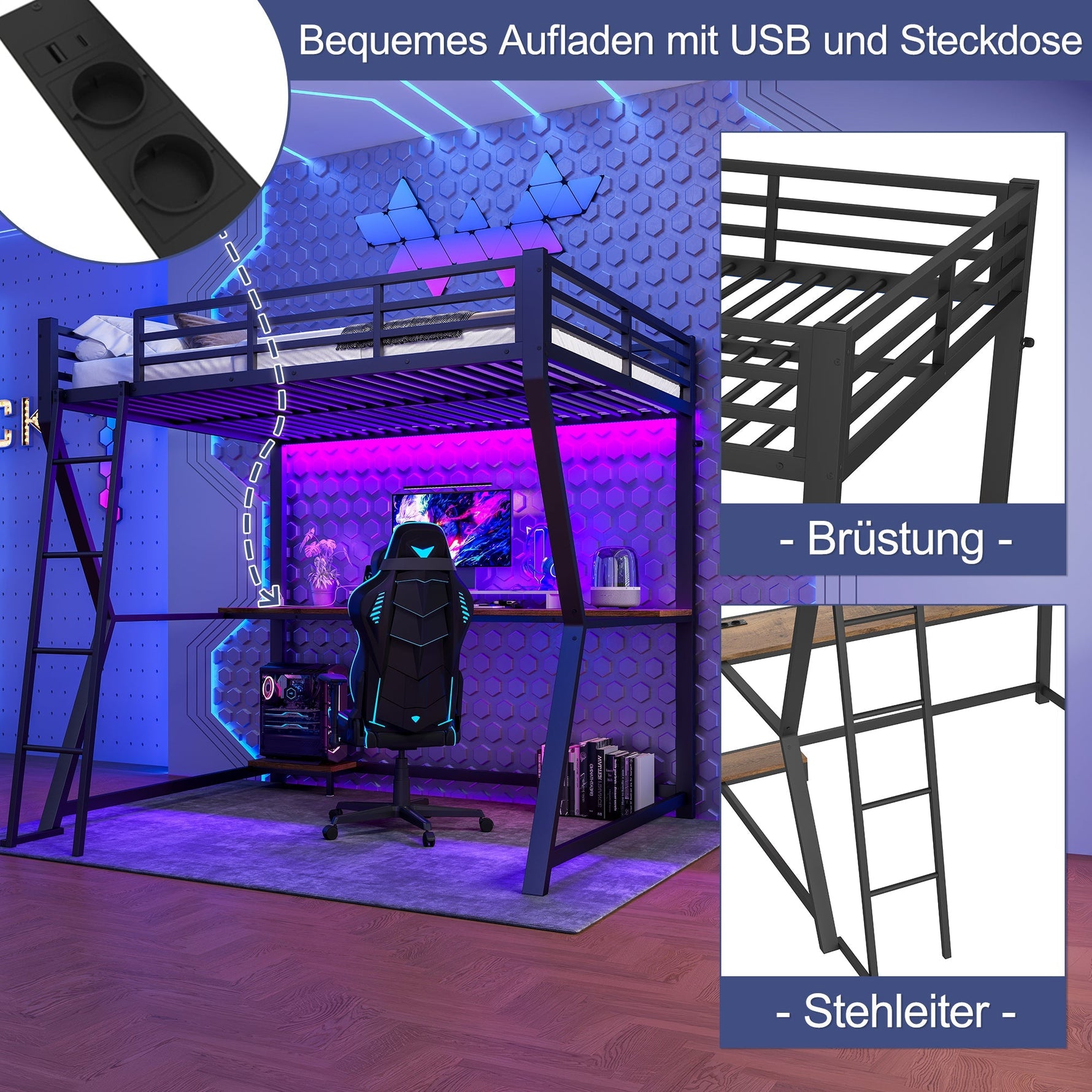 Loft Bed 140x200cm Desk Console Shelf LED USB/Power Stairs - Black