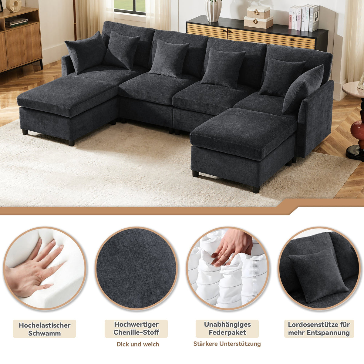 Modern Modular Chenille Sofa L-Shaped U-Shaped Detachable Footstool, Chenille Fabric