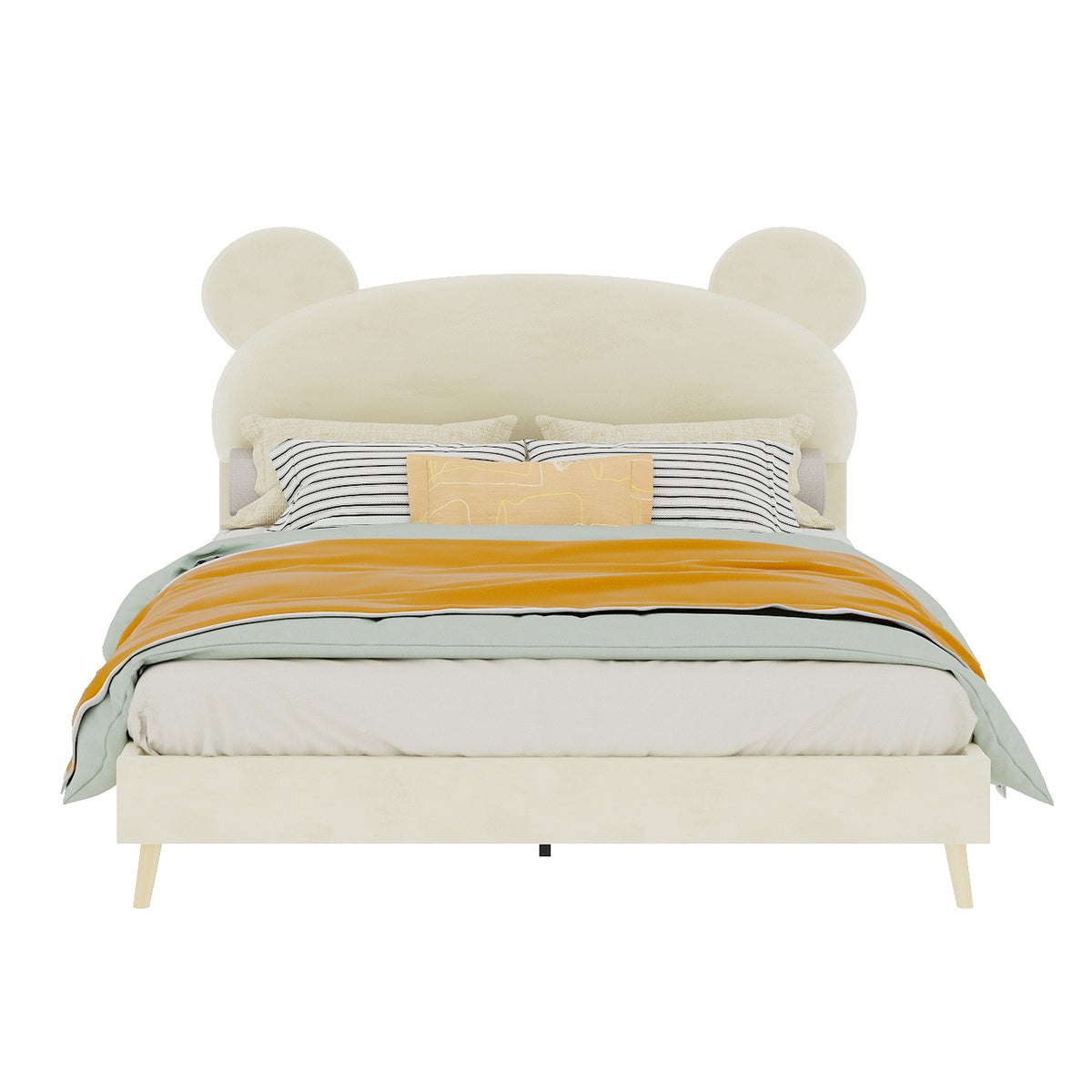 Modern Upholstered Bed 140x200cm with Mattress, Cartoon Design, Beige
