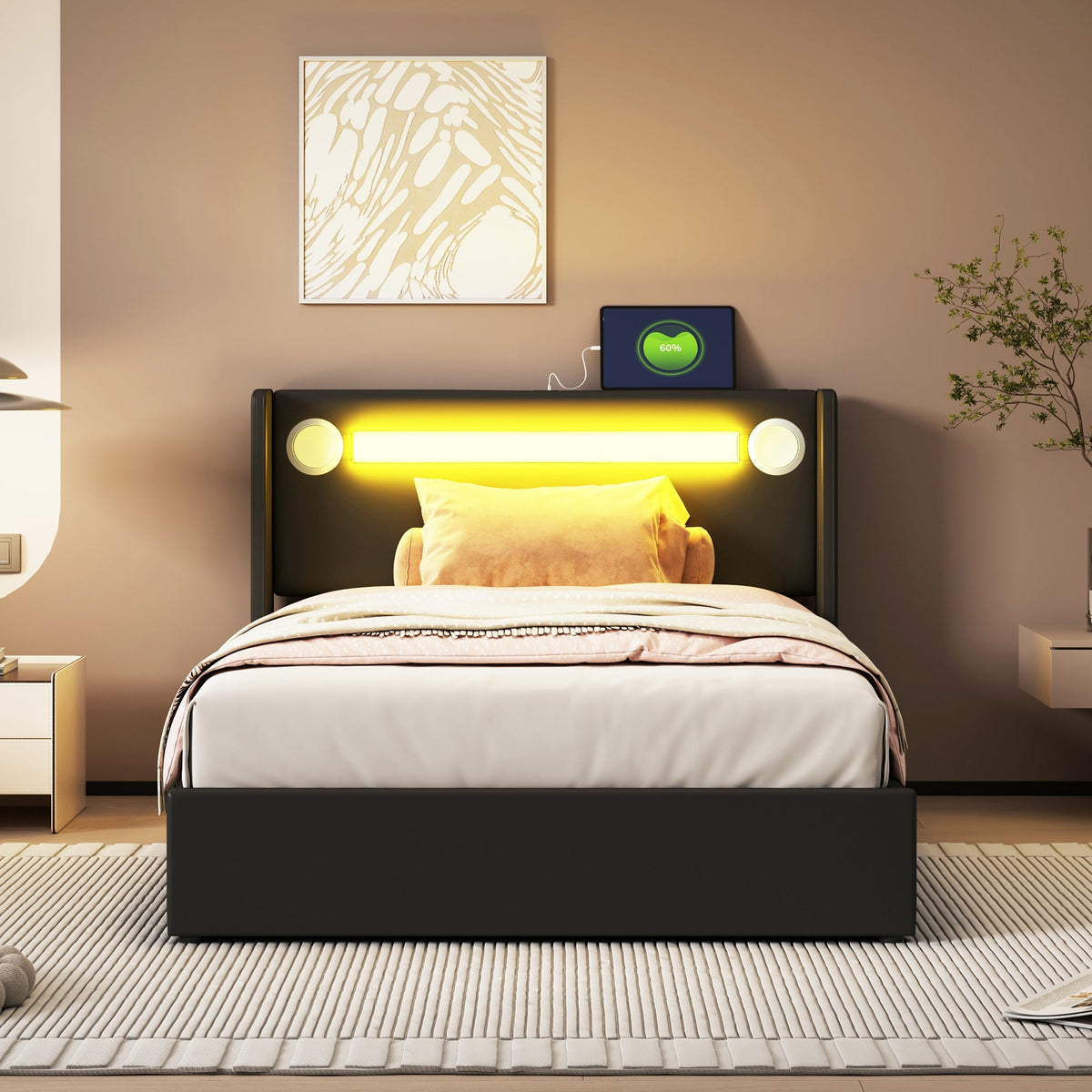 Children's Bed 90x200 with LED, Bluetooth & USB, PU Leather